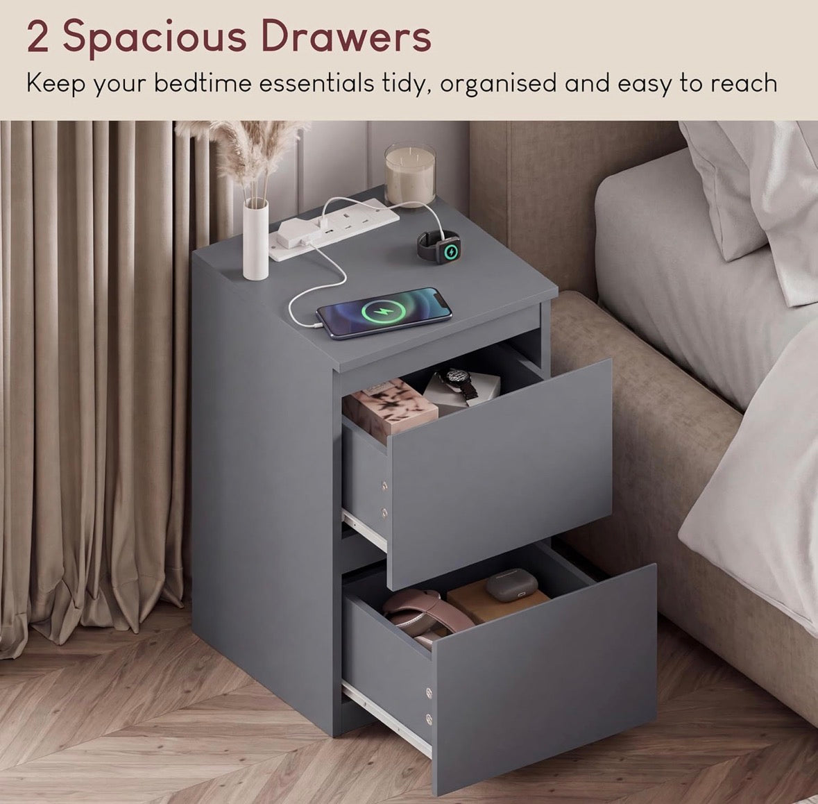 2 Drawer Bedside Cabinet Grey set