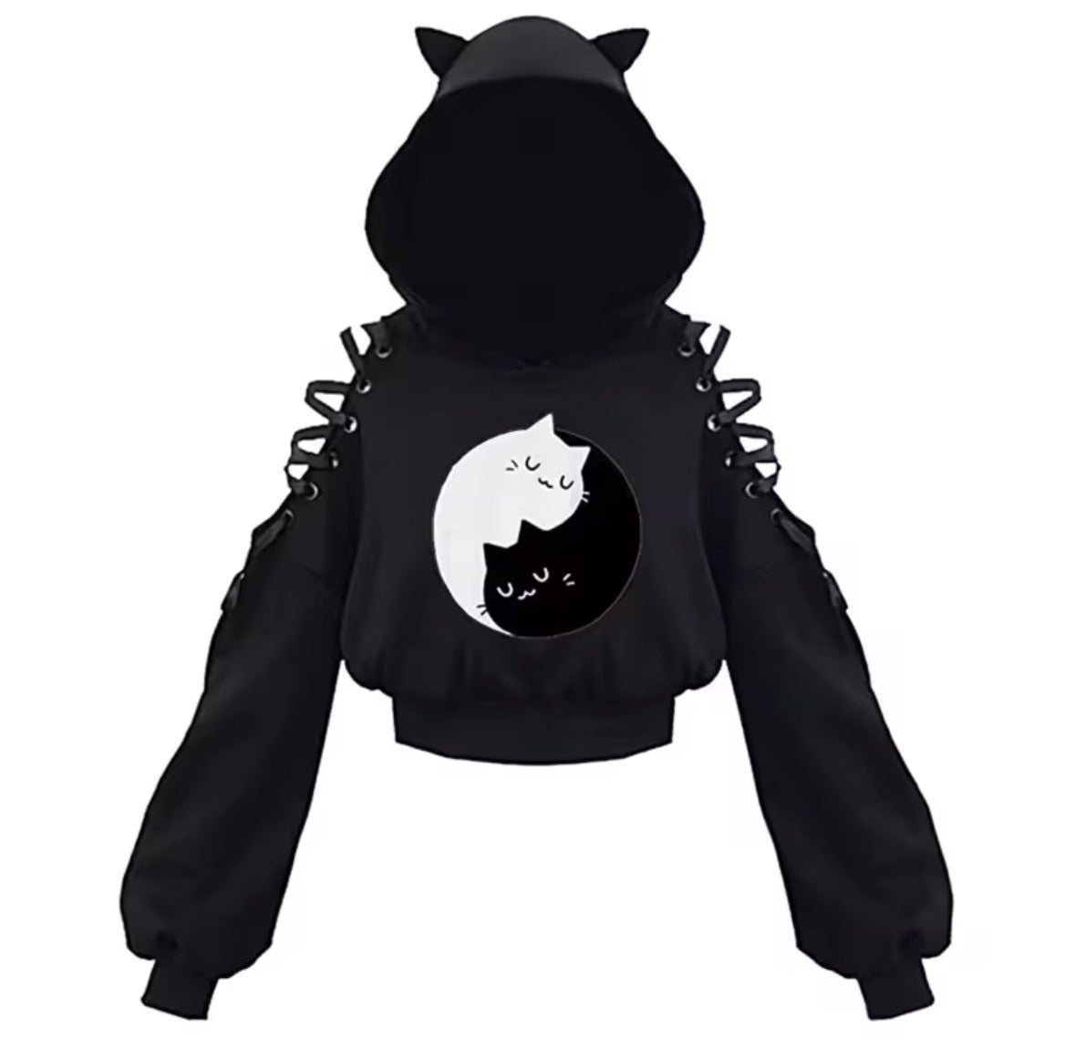 Womens Hoodie Cat Ear Crop Top Hooded Sweatshirt Hollow Out Lace Up Long Sleeve