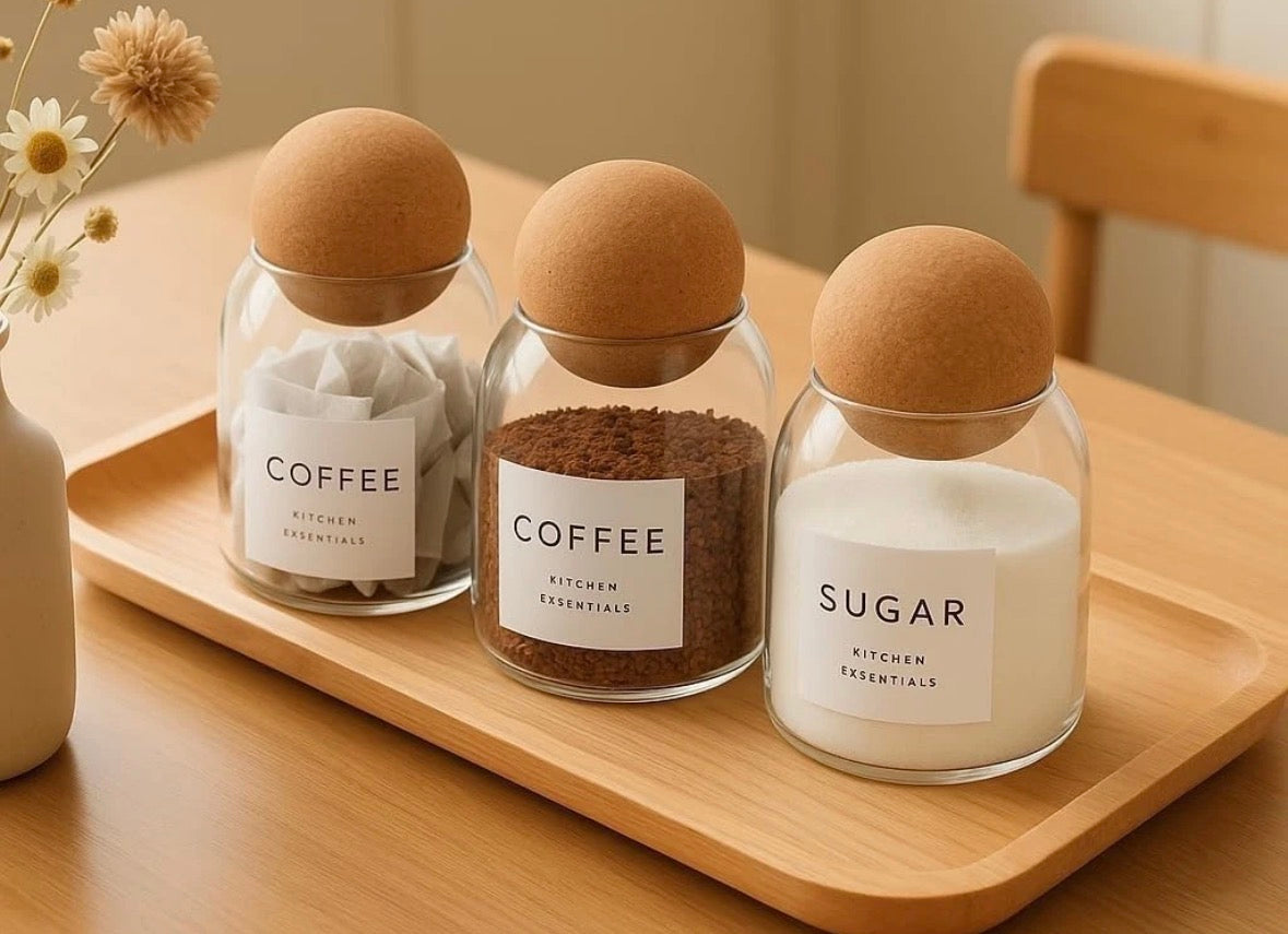Set of 3 Spice Jars with Cork Ball Lids Glass Jars