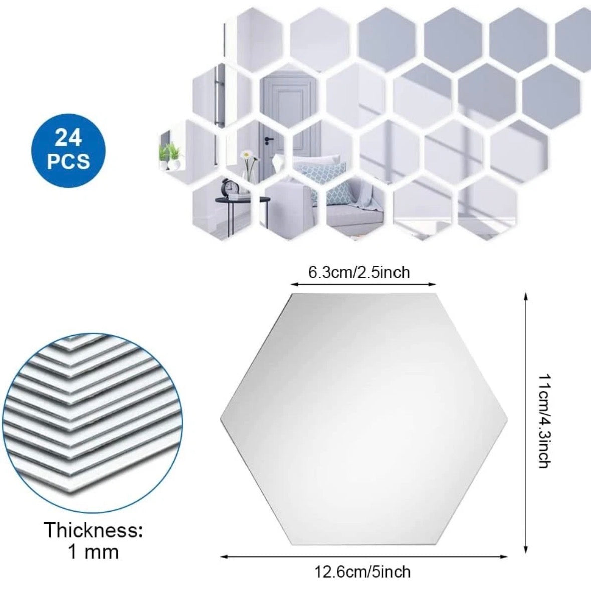 24x Acrylic Mirror Self-Adhesive Classic Hexagonal Shape