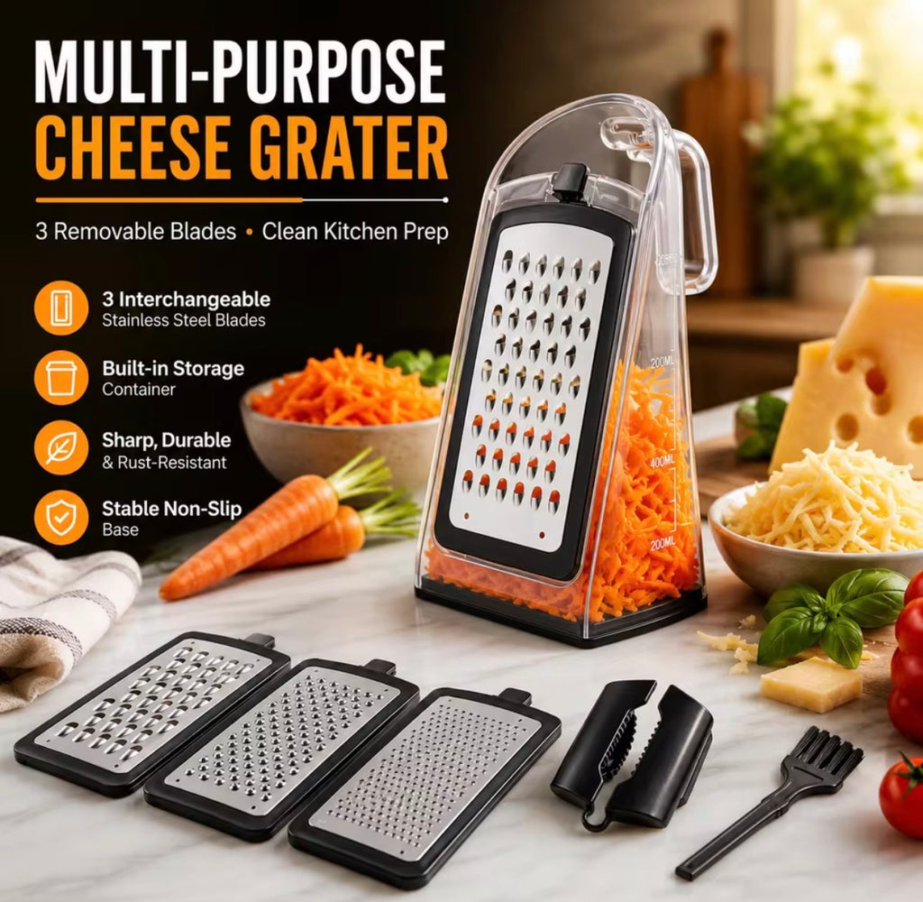 Multifunctional Cheese Grater with 3 Replaceable cuttters Storage Box Cleaning Brush