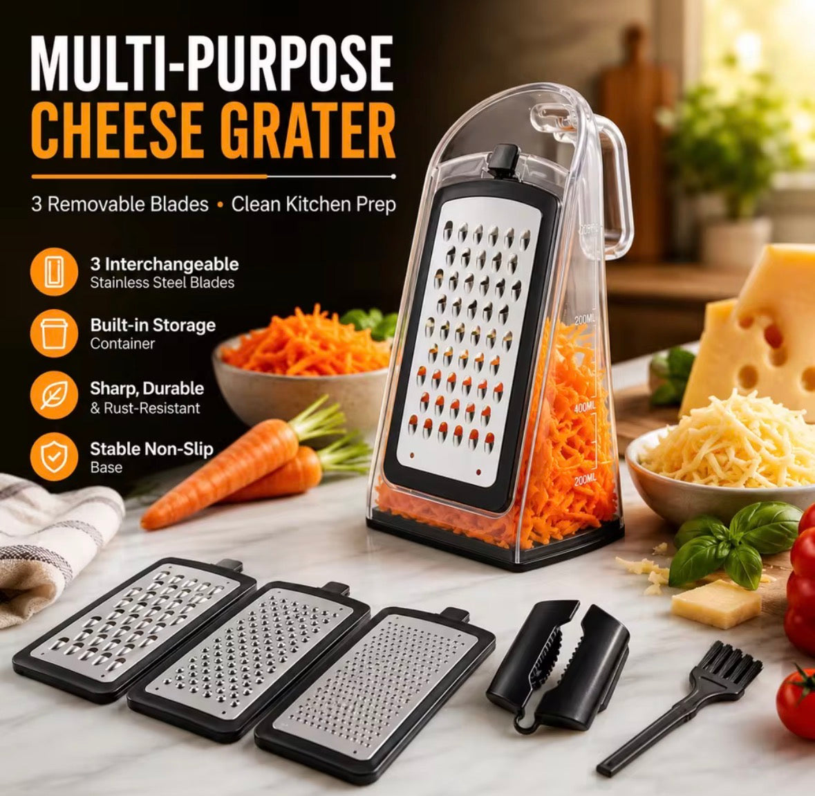 Multifunctional Cheese Grater with 3 Replaceable cuttters Storage Box Cleaning Brush