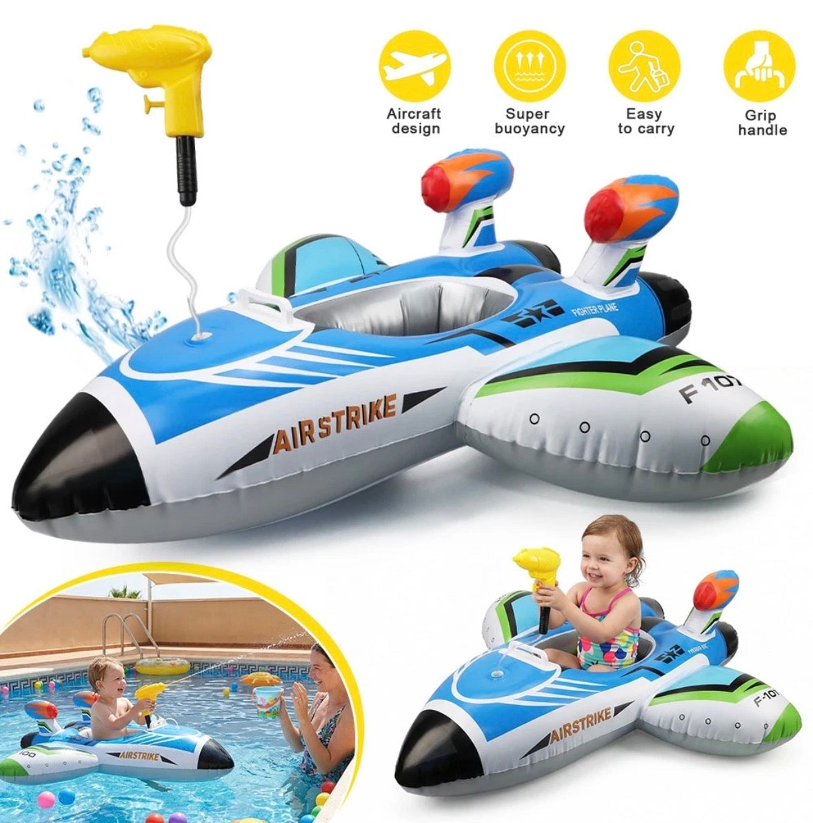Inflatable Ring Float Pool Fun Toy Aircraft Seats With Water Gun Easy Inflate