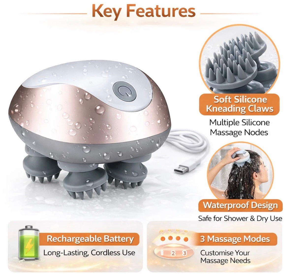 Electric Scalp Massager Waterproof Head Hair Massage Device with 3 Modes