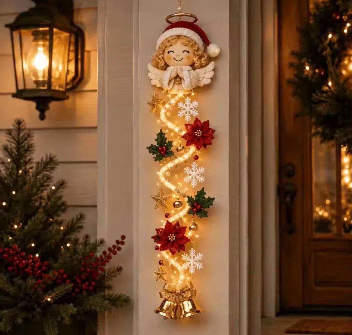 Christmas Door Hanger LED Glowing Crochet Santa Xmas Tree Bell Ornament