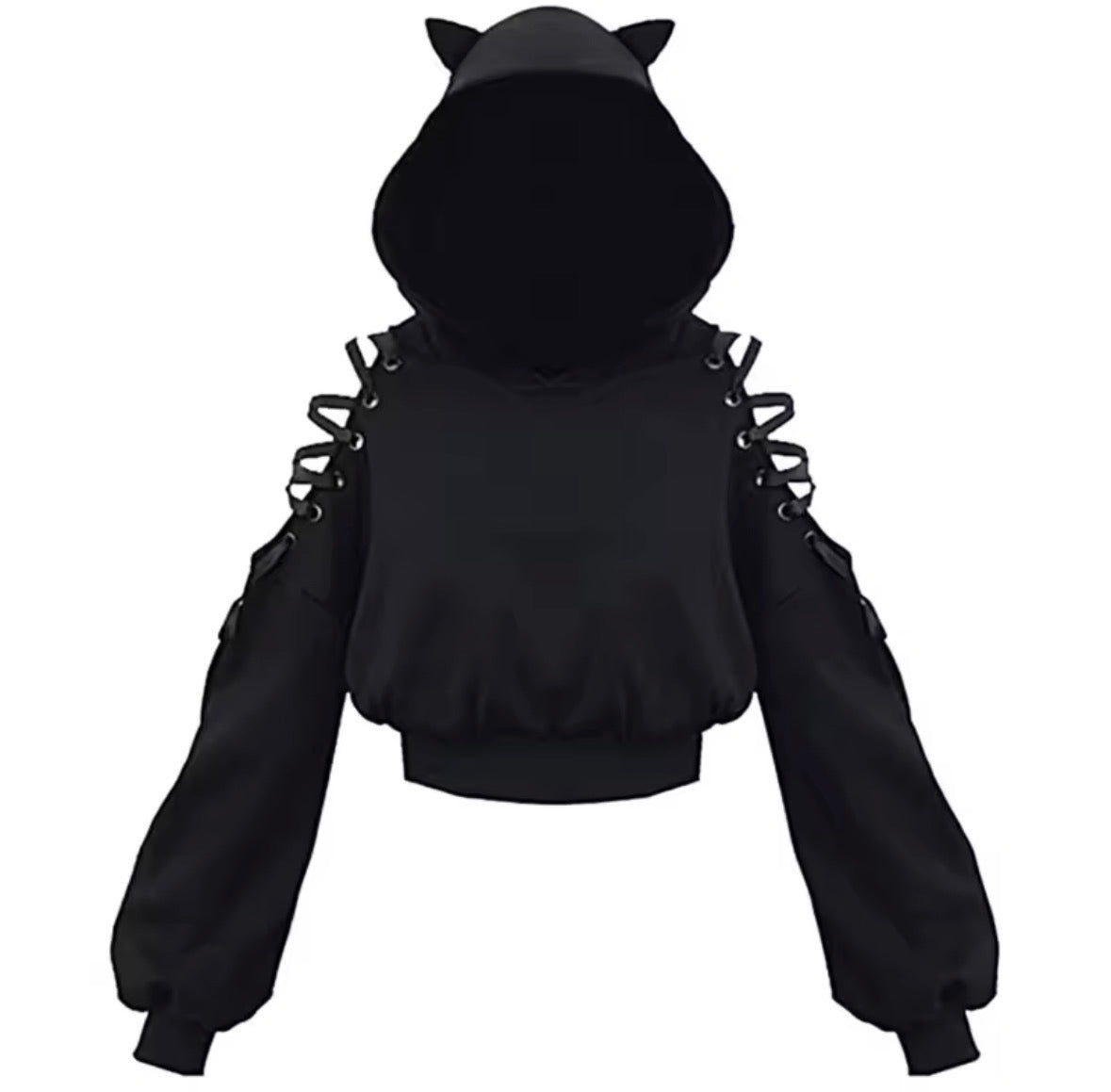 Womens Hoodie Cat Ear Crop Top Hooded Sweatshirt Hollow Out Lace Up Long Sleeve
