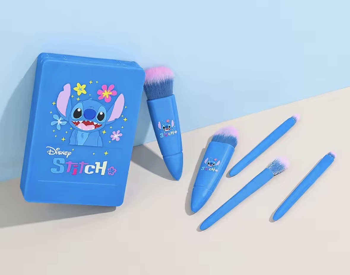 5Pcs Stitch Portable Makeup Brush Set With Mirror