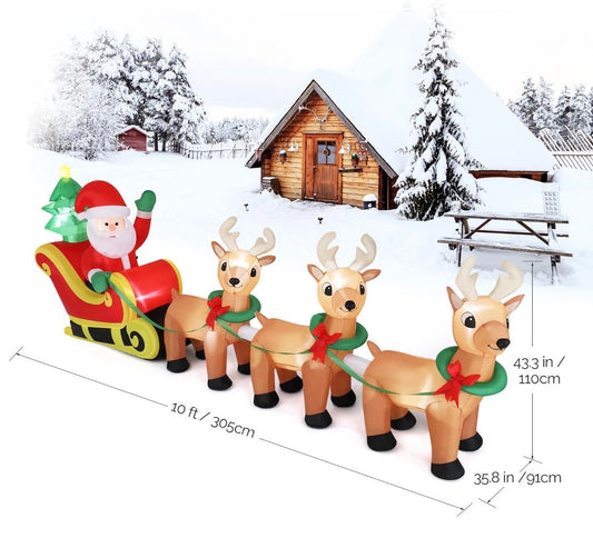Christmas Inflatable Santa & Reindeer with Sleigh 10ft 3m