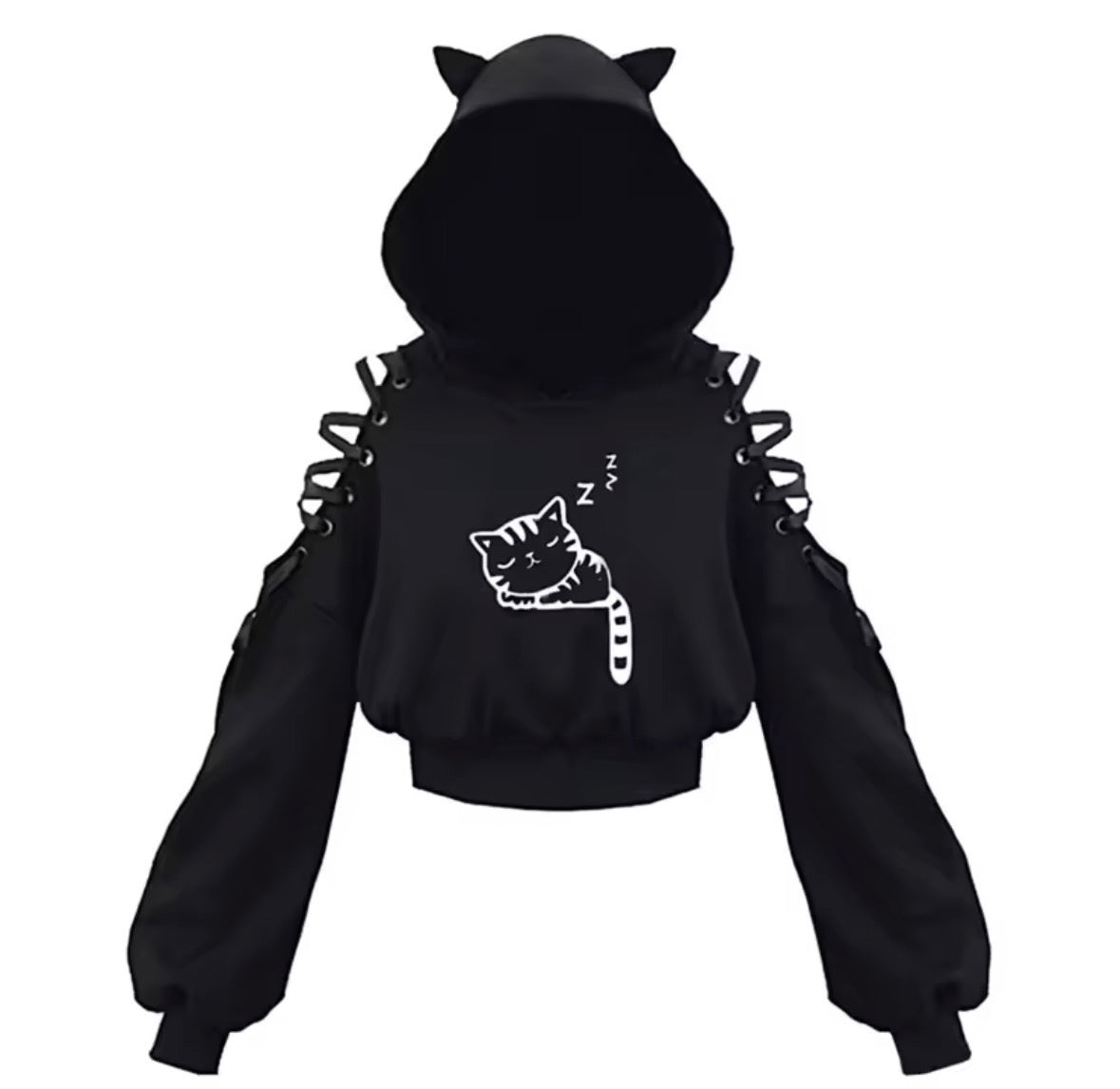 Womens Hoodie Cat Ear Crop Top Hooded Sweatshirt Hollow Out Lace Up Long Sleeve