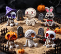 6Pcs Halloween Spooky Skull Mummy Figurines, Mini Resin