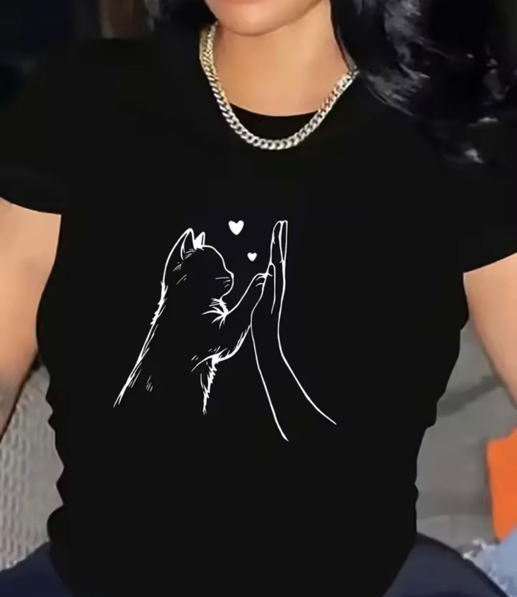 Cat Paw Heart Print T-Shirt