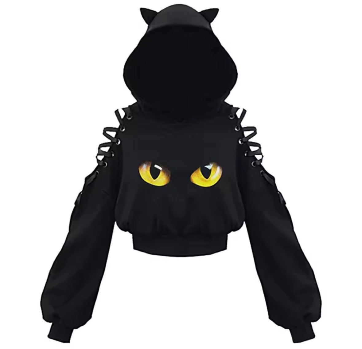 Womens Hoodie Cat Ear Crop Top Hooded Sweatshirt Hollow Out Lace Up Long Sleeve
