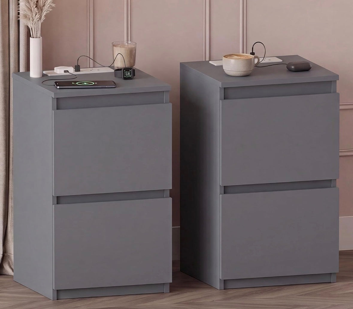2 Drawer Bedside Cabinet Grey set