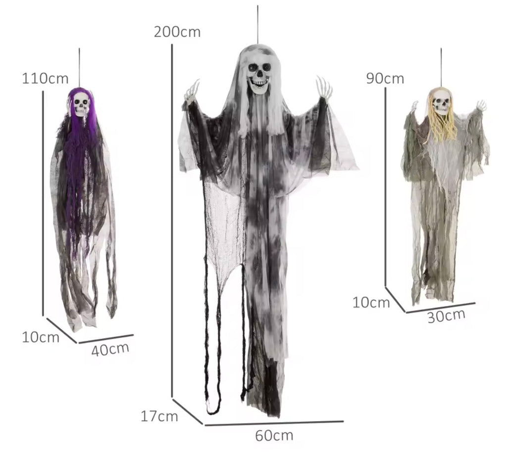 Set of 3 Hanging Skeleton, Flying Ghost Halloween Decorations