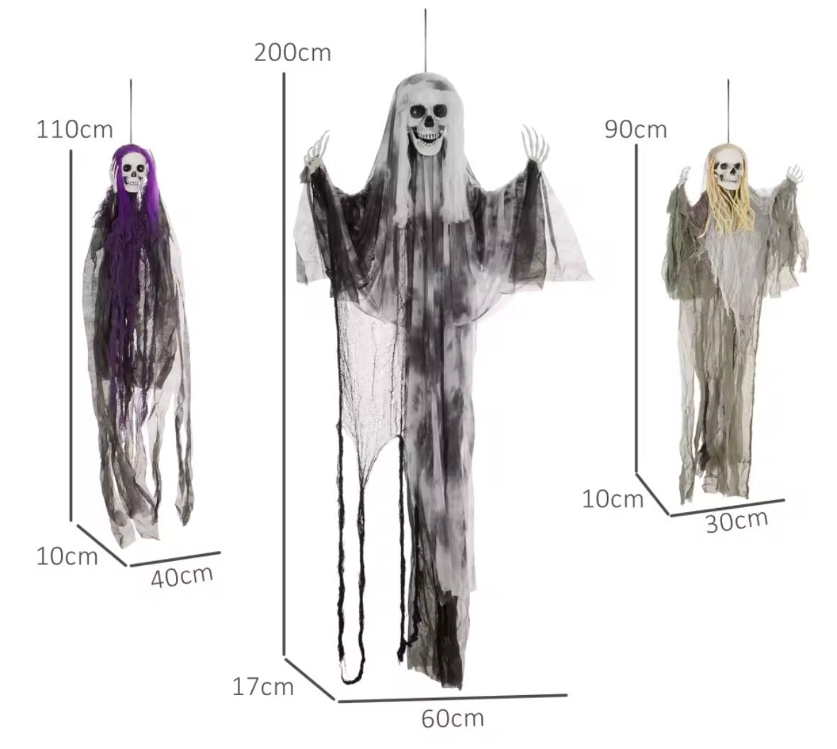 Set of 3 Hanging Skeleton, Flying Ghost Halloween Decorations