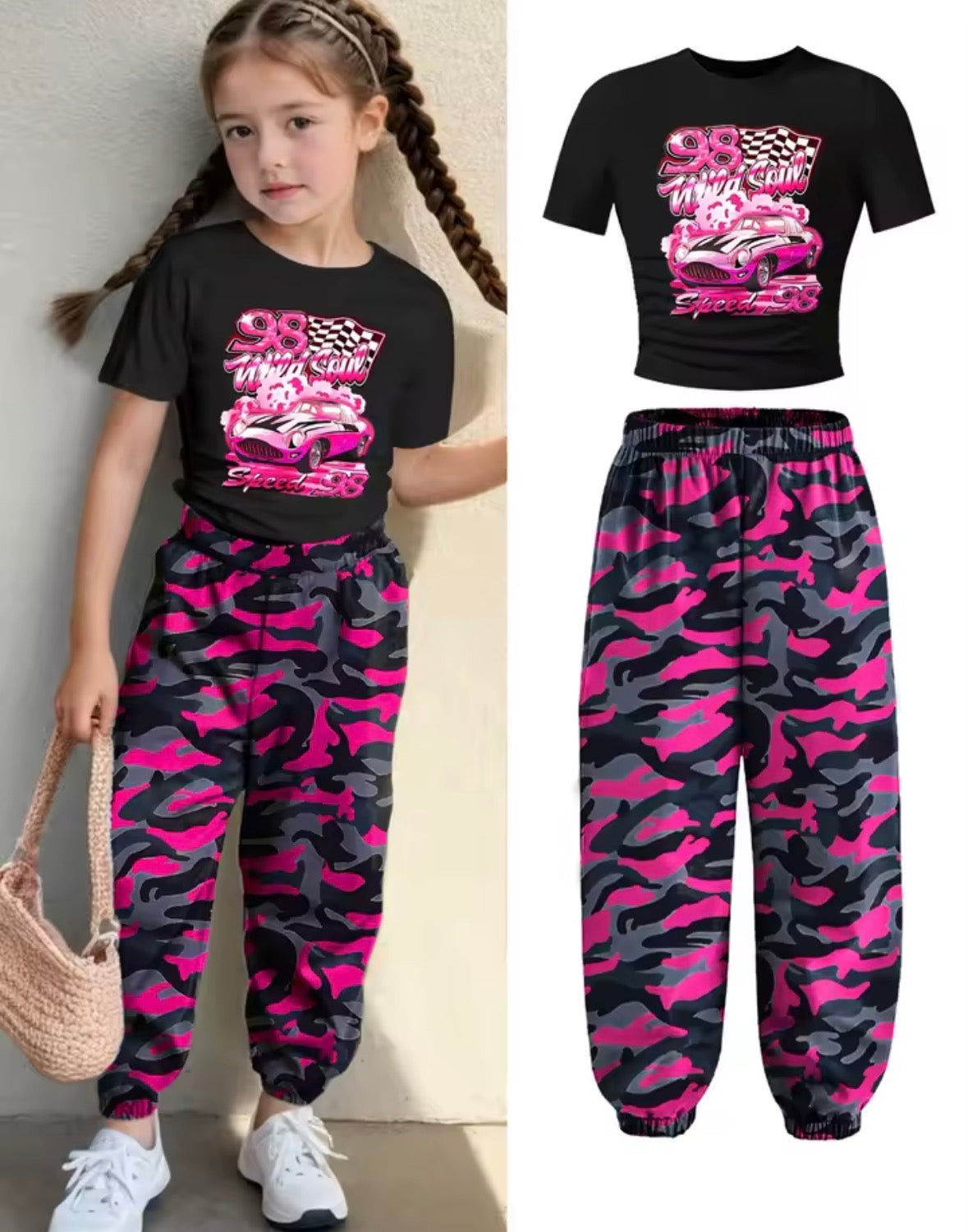 Car  Crop Tee & Pink Camo Elastic Waist Jogger Pants