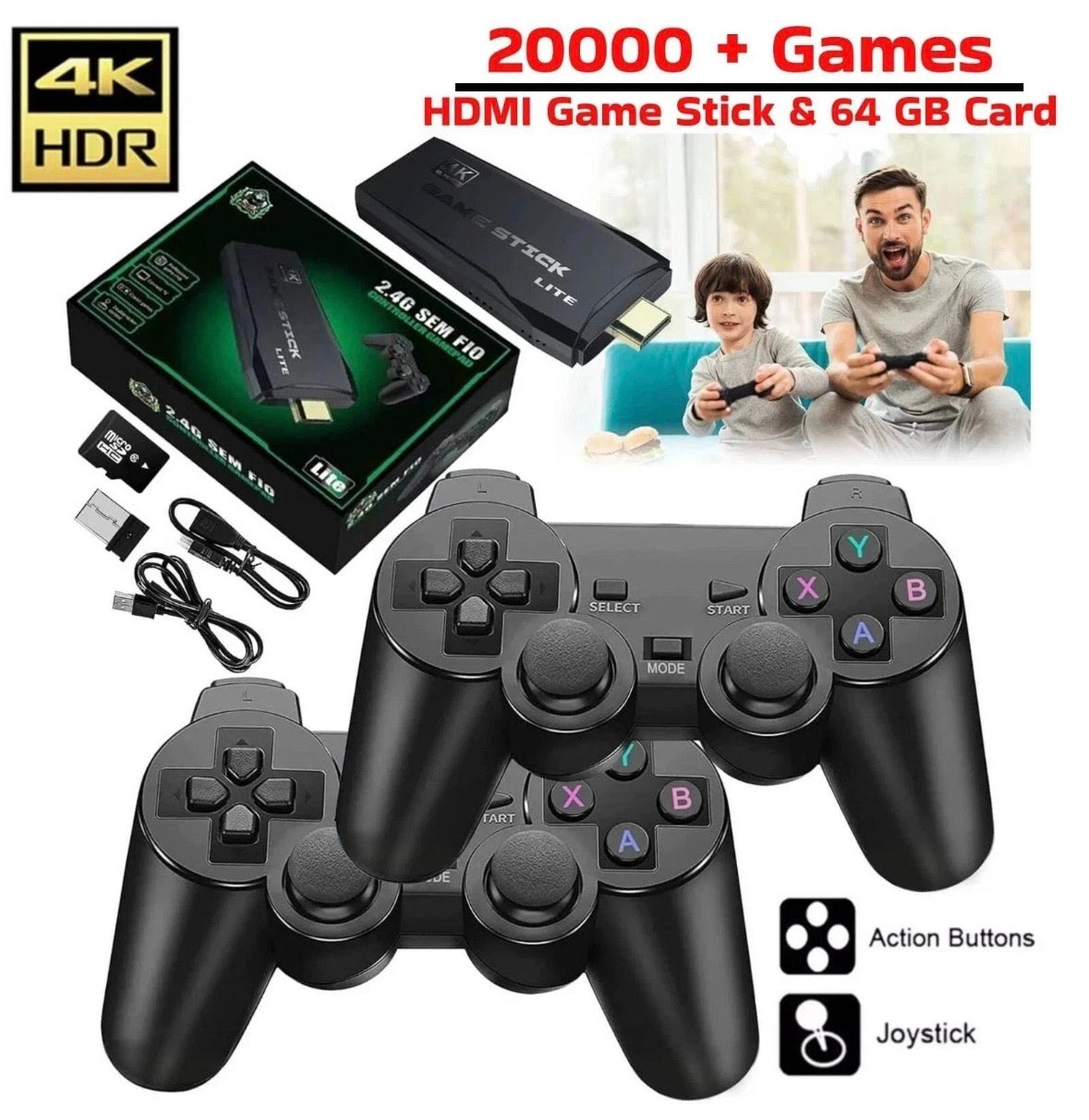 Games Console HDMI 4K Arcade Video Game Stick Wireless Controllers 64G