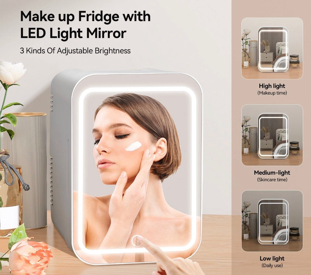 4L White Mini Fridge LED Light Mirror Portable Cooler&Warmer Skincare Makeup