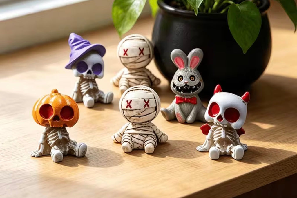 6Pcs Halloween Spooky Skull Mummy Figurines, Mini Resin