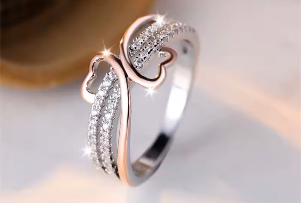 Two Tone Rose Gold Silver Color Double Heart Ring