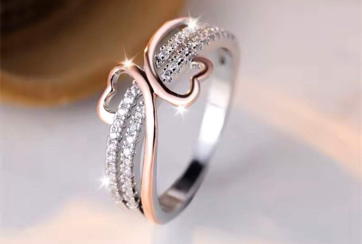 Two Tone Rose Gold Silver Color Double Heart Ring