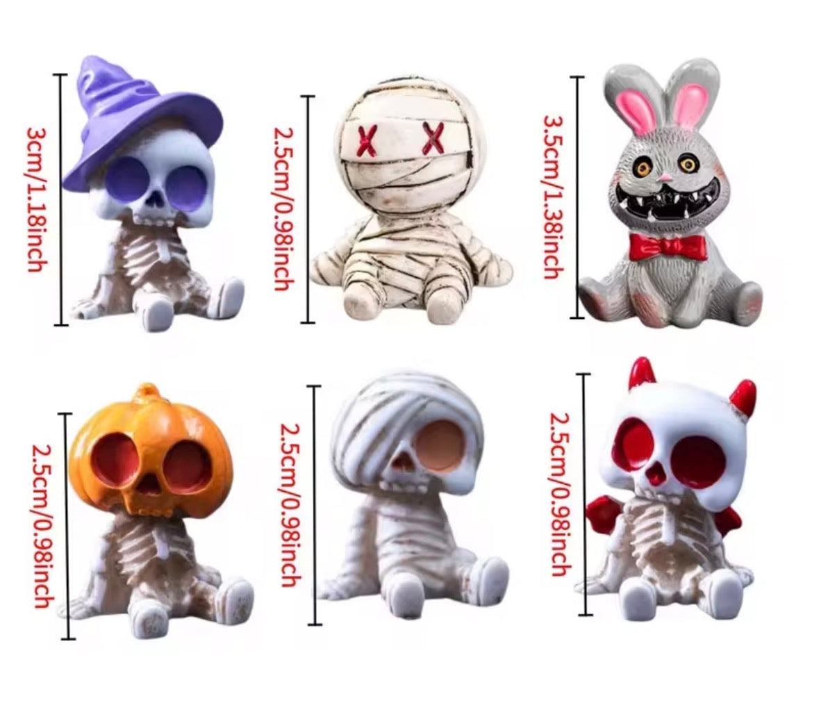 6Pcs Halloween Spooky Skull Mummy Figurines, Mini Resin