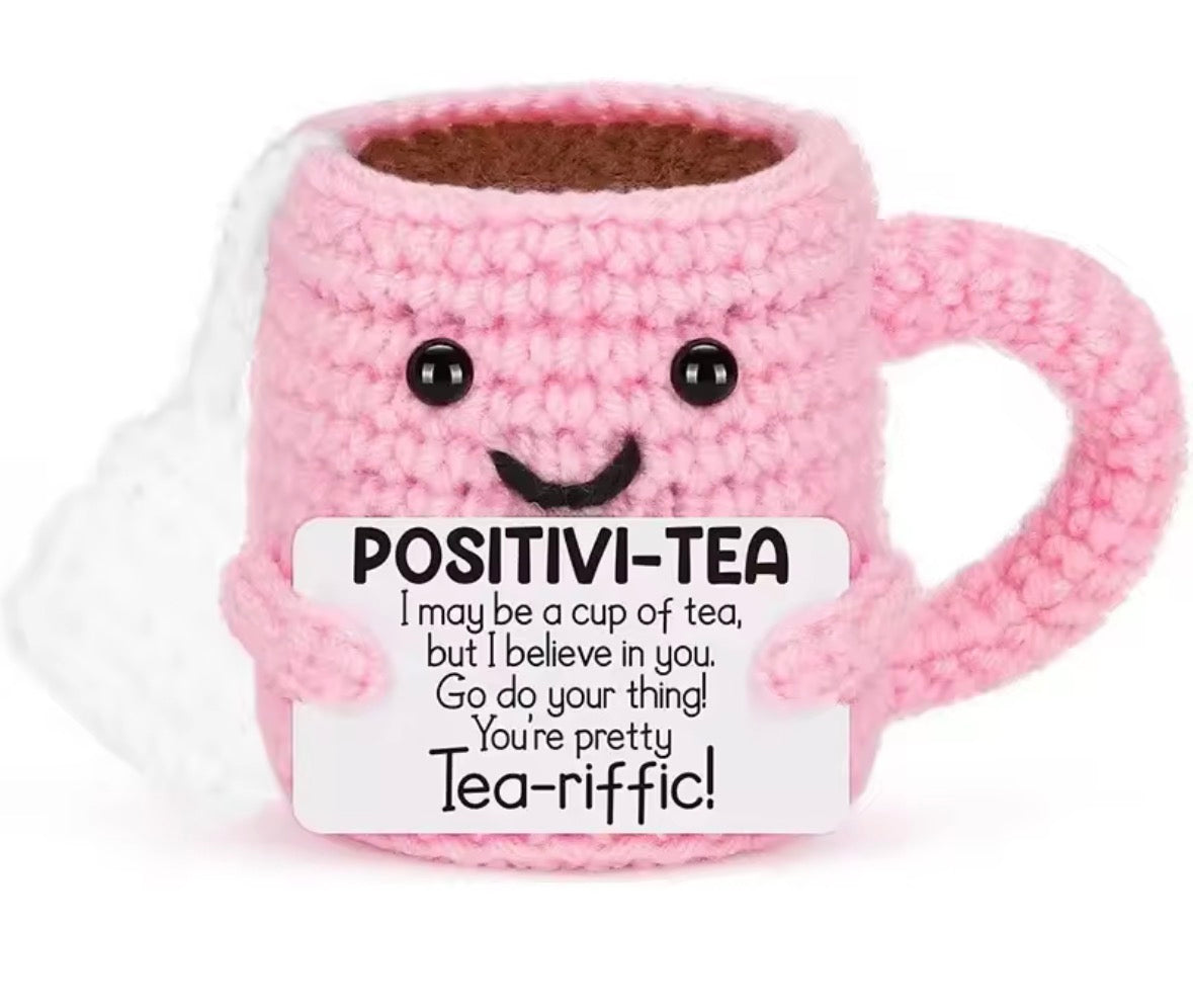 Funny Crochet Positive Pink Tea Cup Doll with Motivational Card