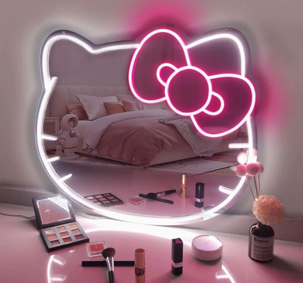 HK Cute Cat Neon Sign LED Mirror 14"x12" Adjustable Bright