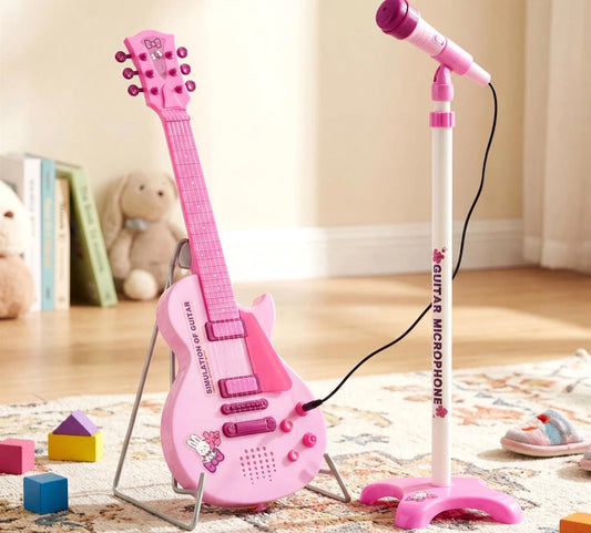 Guitar and Microphone Toy Set Musical Instruments Adjustable Stand Pink