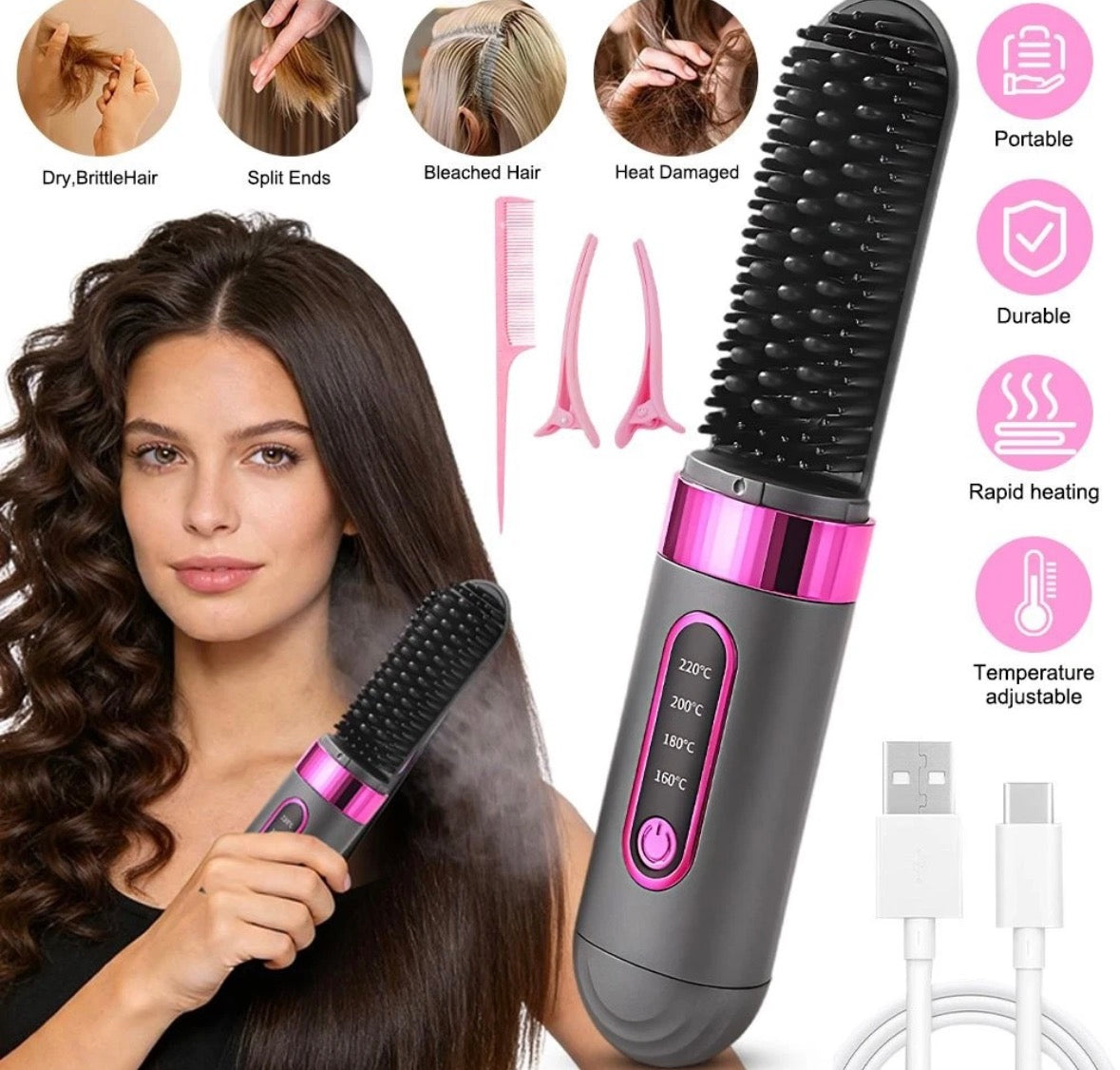 Hair Straightener  Brush Portable Comb USB Rechargeable