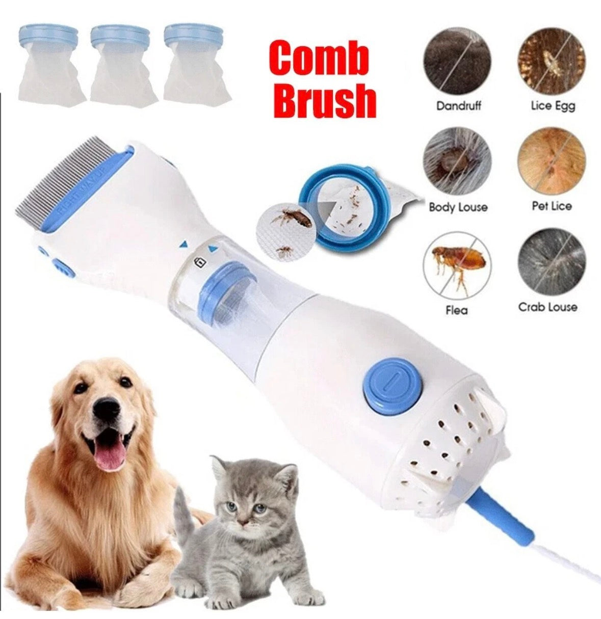 Electric Vacuum  Comb Brush Pet Dog Flea Filter Remover Tool