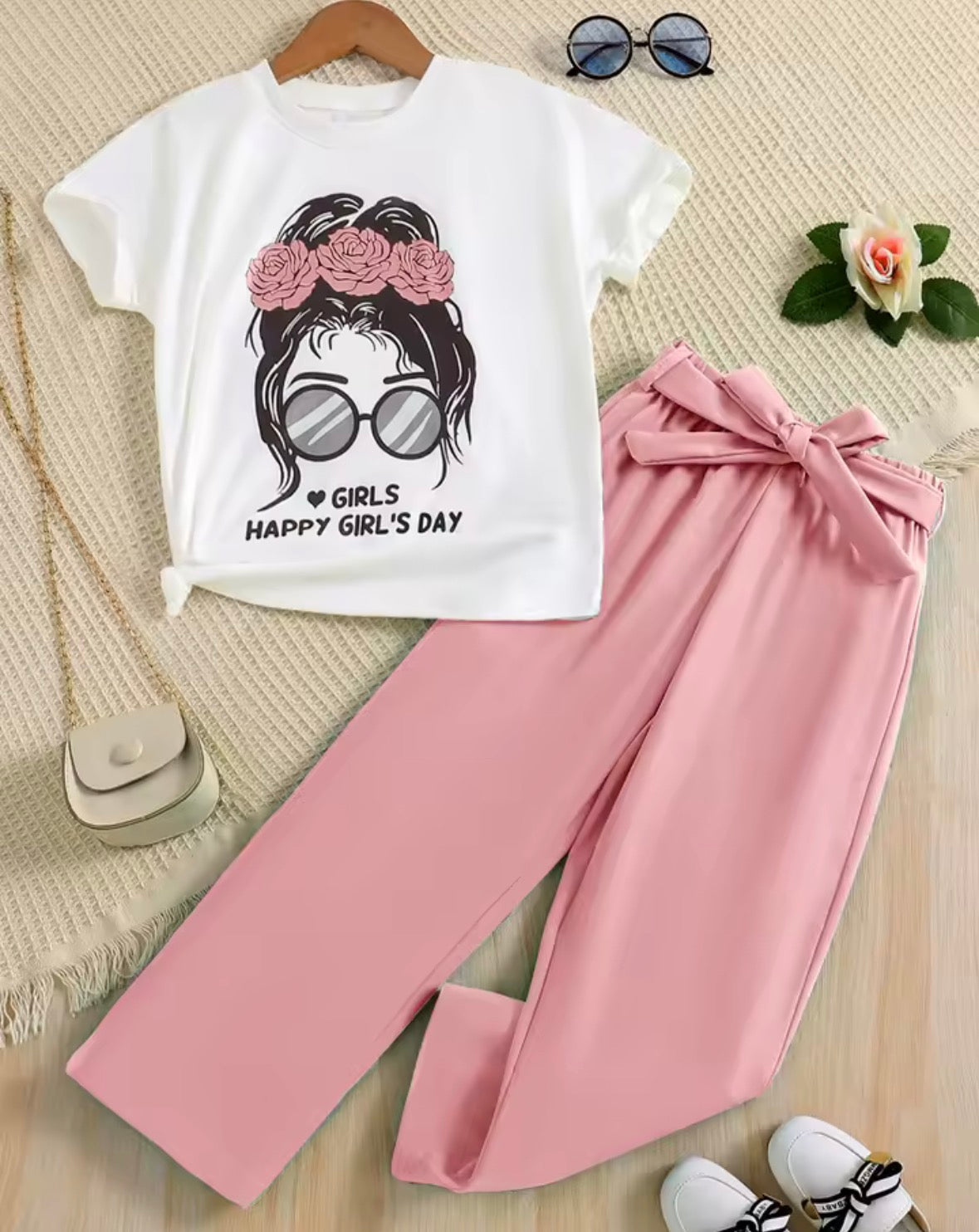 round-neck knitted top and summer thin wide-leg pants