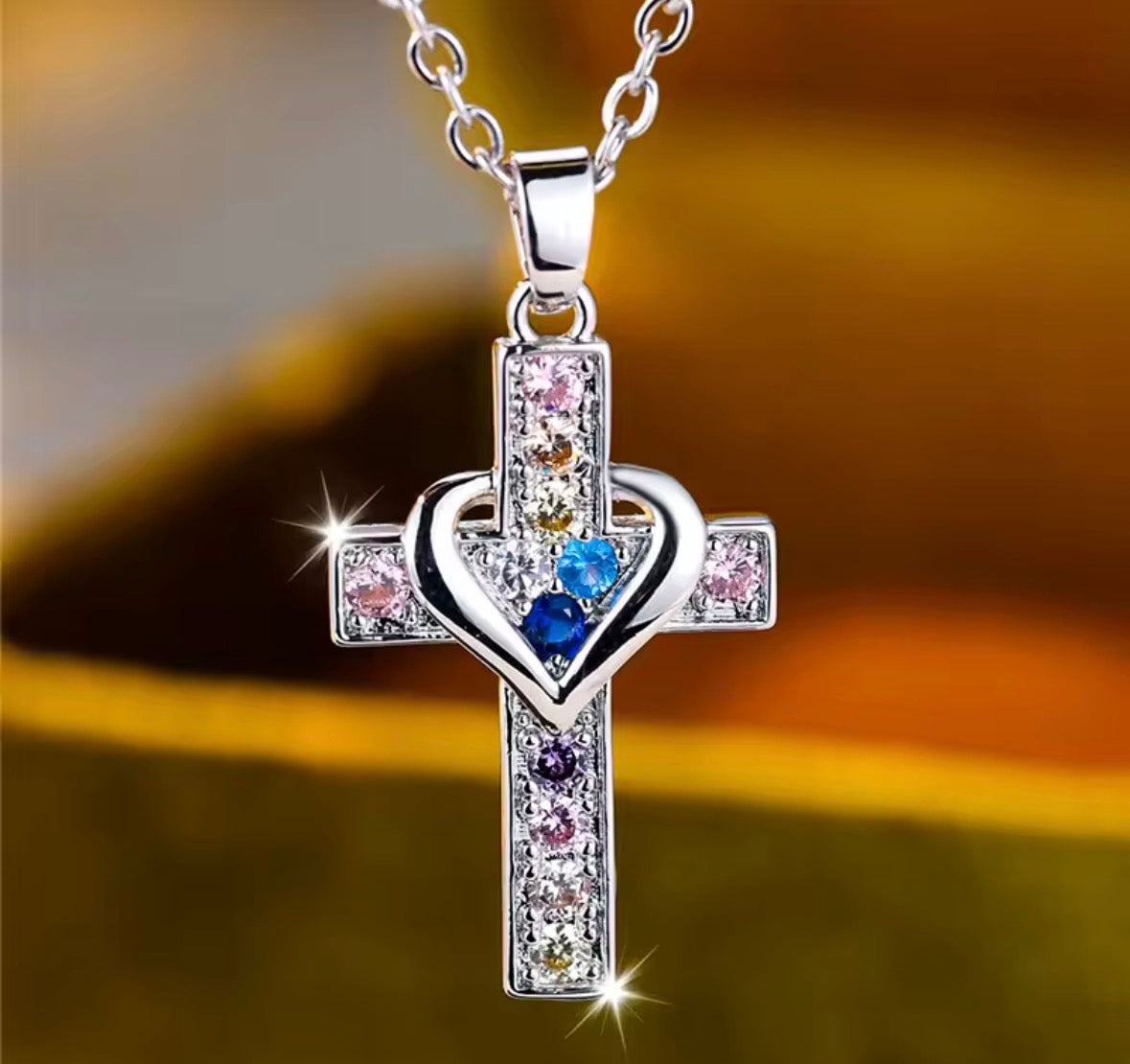 Rainbow Heart Cross Necklace