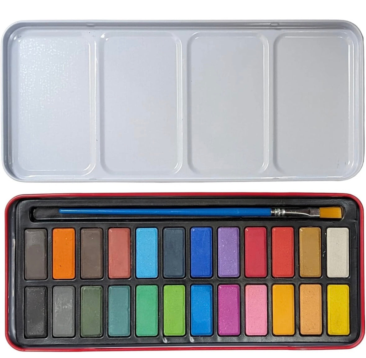 Artist Watercolour Paint Set of 24 Colour Blocks Pans & Paintbrush In Metal Tin