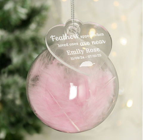 Personalised Pink Memorial Feather Bauble
