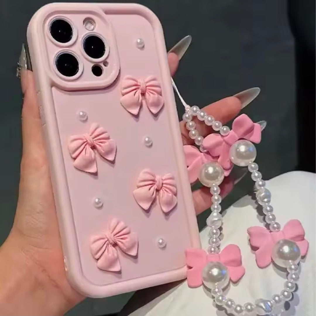 Korean 3D Bowknot Pearl Silicone Phone Case for iPhone
