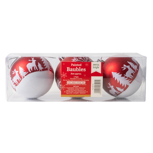 3 Pack Painted Christmas Decorative Ornaments Baubles 8cm