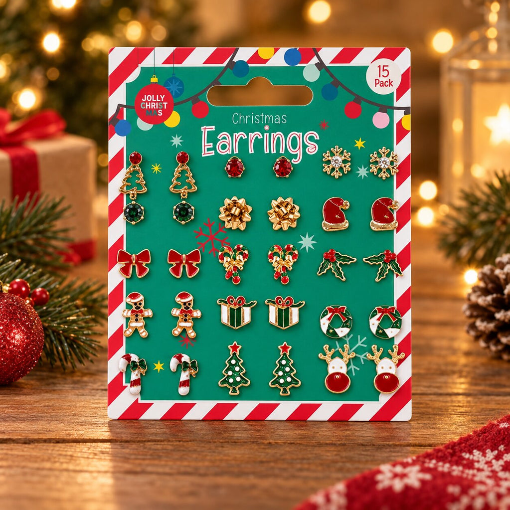 Festive Christmas Gold Earrings 15 Pack